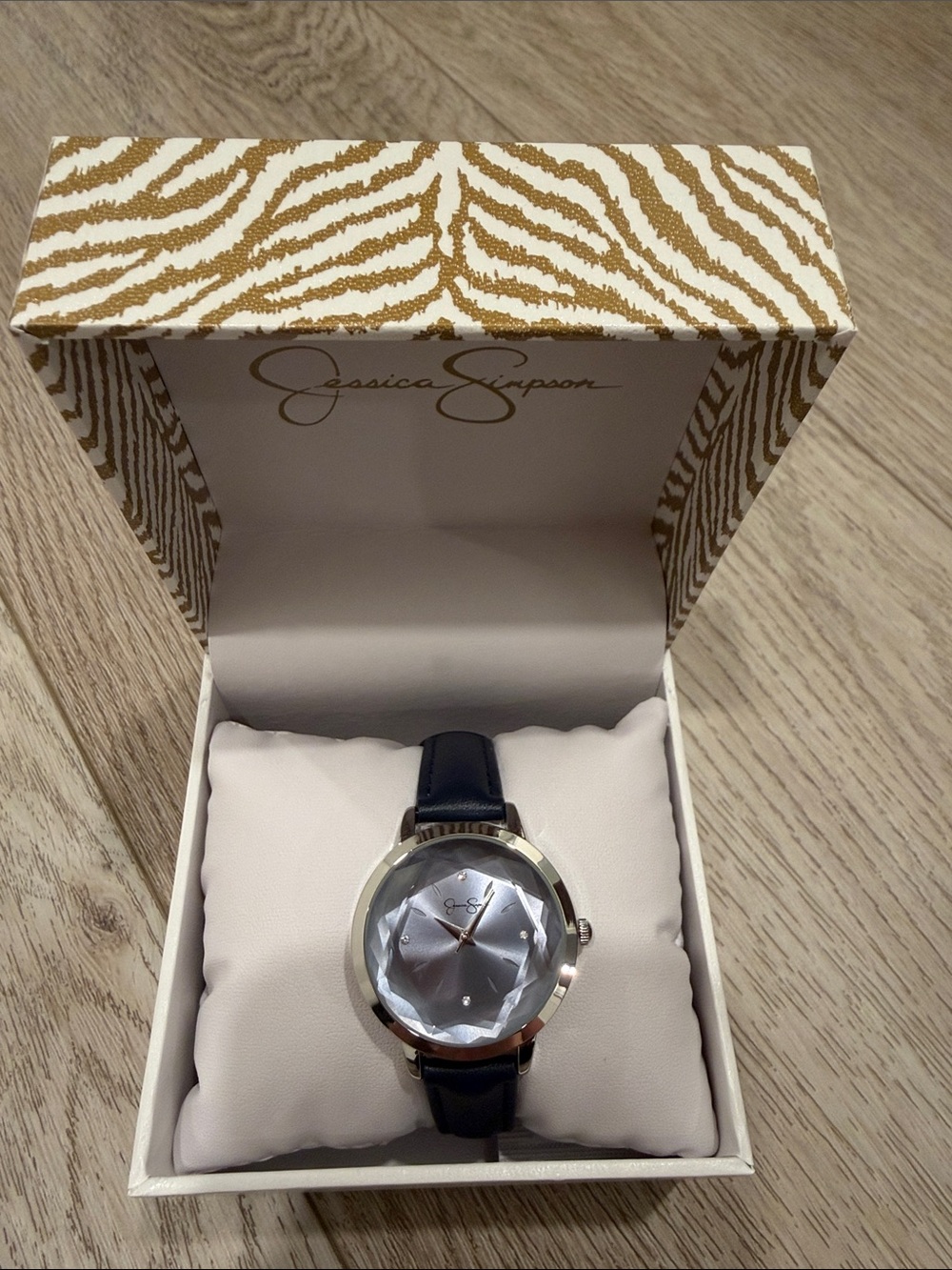 Jessica Simpson Silver Faceted Dial Watch with Navy Strap